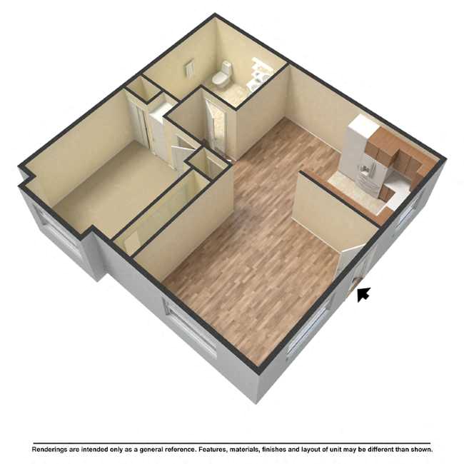 Floor plan for 1 bed, 1 bath, 687 sqft